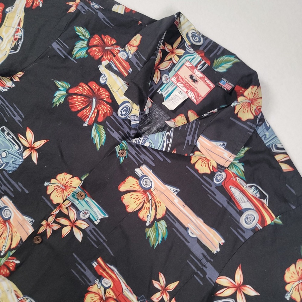RJC 102C Hawaiian Shirt Mens XL Black Classic Car Hibiscus Cotton Aloha Made USA